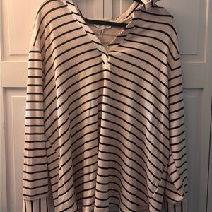 Striped V-Neck Hooded Knit Top - Cream/Black